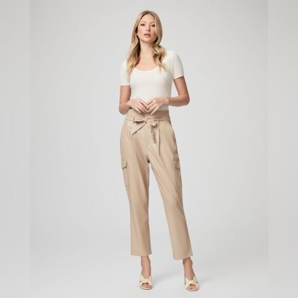New PAIGE‎ Tami Cargo Pant Taupe Vegan Leather Size 10 - Picture 2 of 15